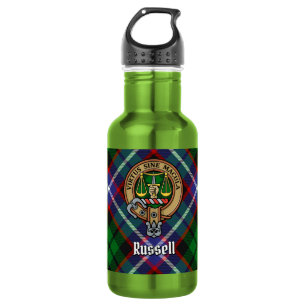 Clan Russell Crest over tartan Waterfles