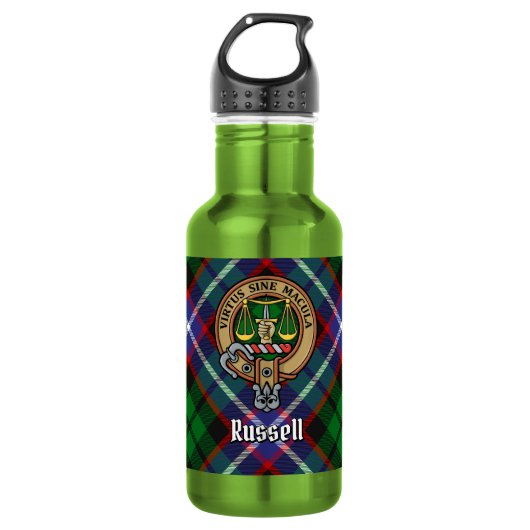 Clan Russell Crest over tartan Waterfles (Voorkant)