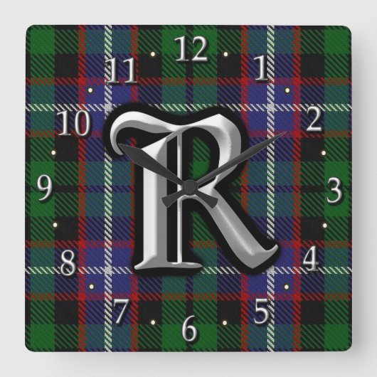 Clan Russell Letter R Monogram Tartan Vierkante Klok (Voorkant)