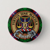 Clan Russell Wapen over Tartan Ronde Button 5,7 Cm (Voorkant)