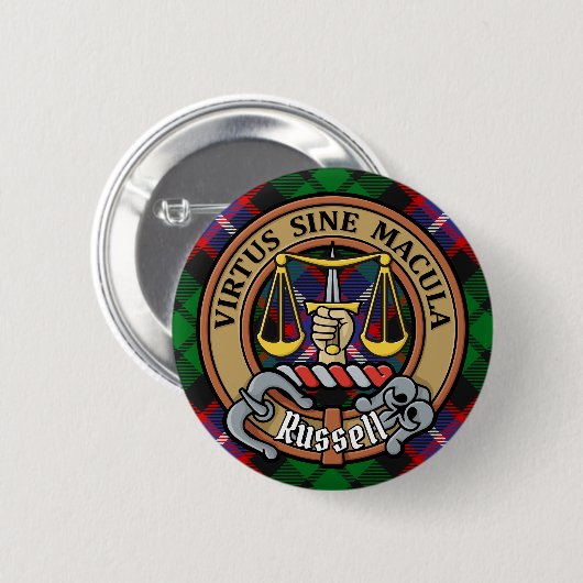 Clan Russell Wapen over Tartan Ronde Button 5,7 Cm (Voorkant /achterkant)