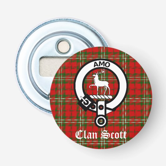 Clan Scott Crest Badge en Tartan Button Flesopener (Voorkant)