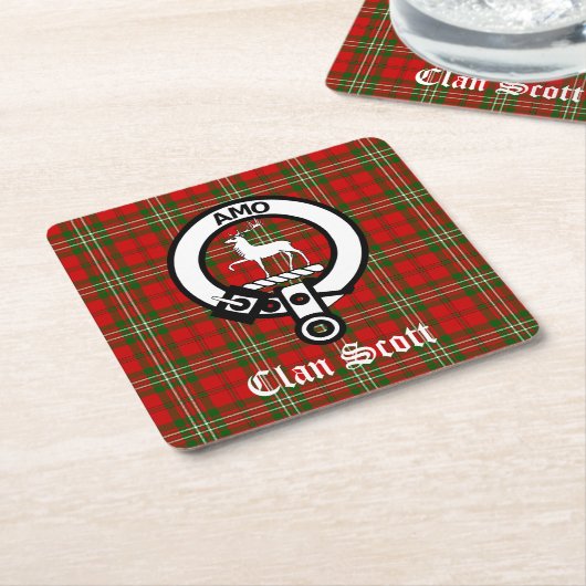 Clan Scott Crest Badge en Tartan Kartonnen Onderzetters (Schuin)