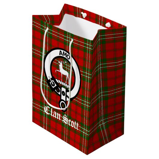 Clan Scott Crest Badge & Tartan Medium Cadeauzakje (Voorkant Gekanteld)