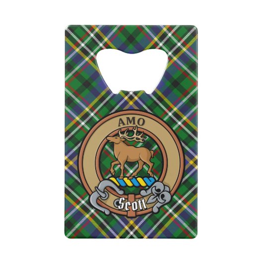Clan Scott Crest over Green Tartan Creditkaart Flessenopener (Voorkant)