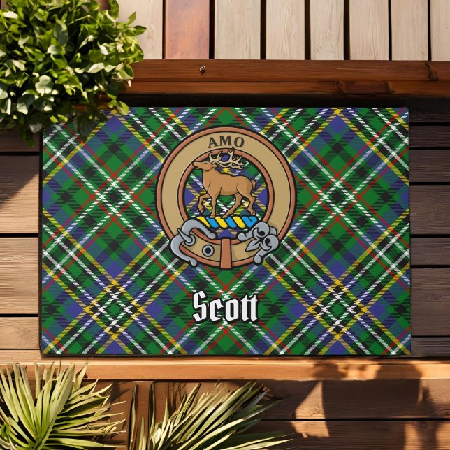 Clan Scott Crest over Green Tartan Deurmat (Creator heeft geüpload)