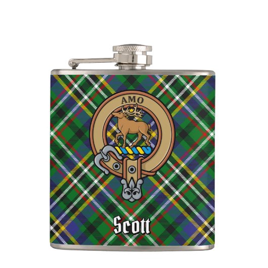 Clan Scott Crest over Green Tartan Heupfles (Voorkant)
