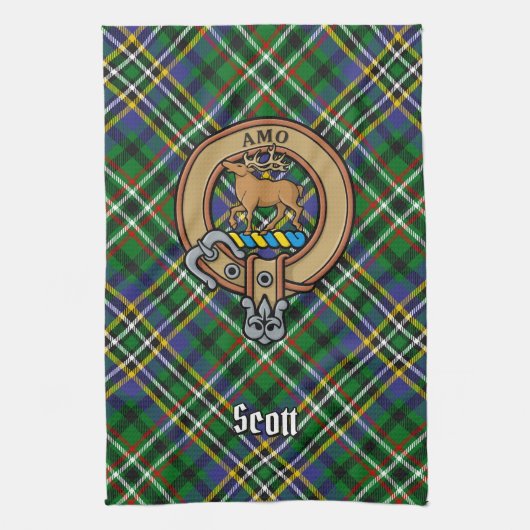Clan Scott Crest over Green Tartan Kitchen Towel Theedoek (Verticaal)
