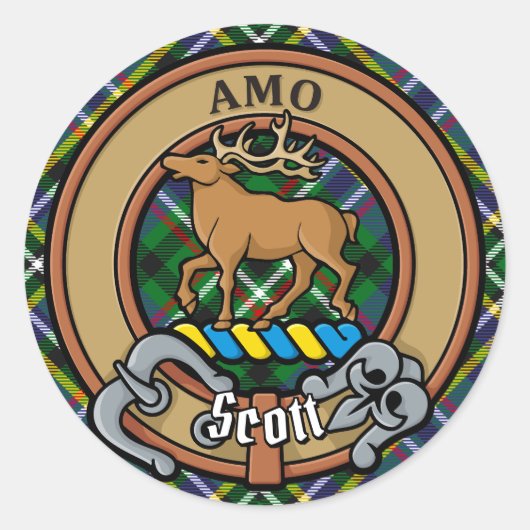 Clan Scott Crest over Green Tartan Ronde Sticker (Voorkant)