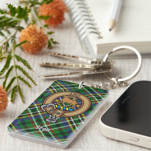 Clan Scott Crest over Green Tartan Sleutelhanger (Voorkant Rechts)
