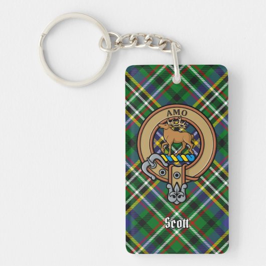 Clan Scott Crest over Green Tartan Sleutelhanger (Voorkant)