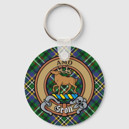 Clan Scott Crest over Green Tartan Sleutelhanger (Voorkant)