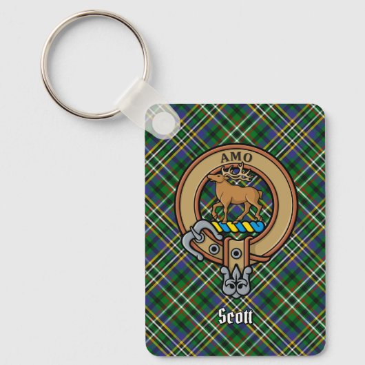 Clan Scott Crest over Green Tartan Sleutelhanger (Voorkant)