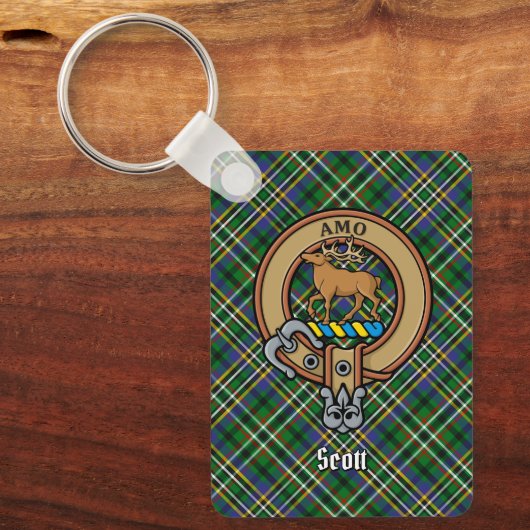 Clan Scott Crest over Green Tartan Sleutelhanger (Voorkant)