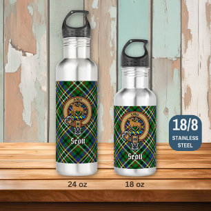 Clan Scott Crest over Green Tartan Waterfles