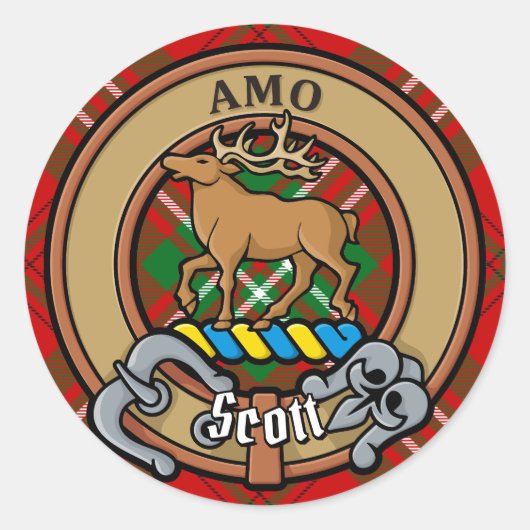 Clan Scott Crest over Red Tartan Ronde Sticker (Voorkant)
