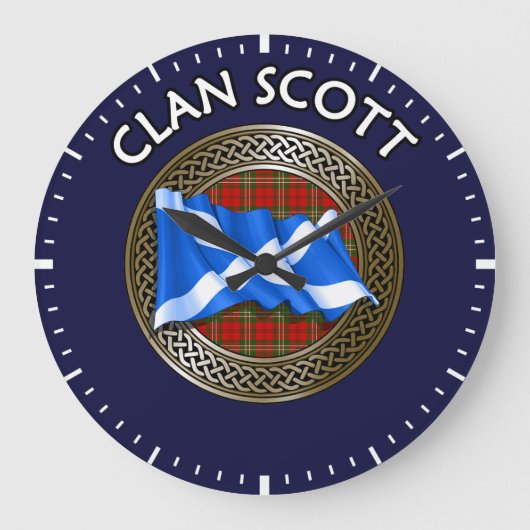 Clan Scott Tartan Knot & Flag Grote Klok (Voorkant)