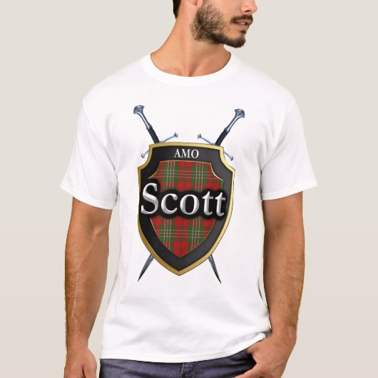 Clan Scott Tartan Plaid Schild & Zwaarden T-shirt (Voorkant)