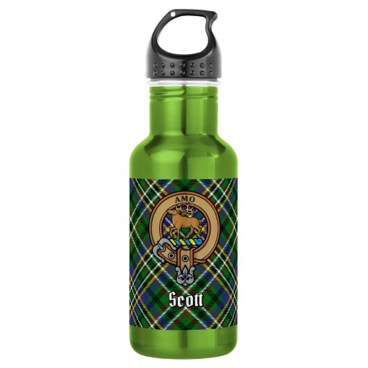 Clan Scott Wapen over groene tartan Waterfles (Voorkant)