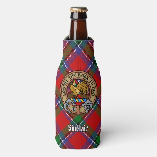 Clan Sinclair Crest boven Tartan Flesjeskoeler (Fles Voorkant)