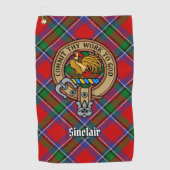 Clan Sinclair Crest boven Tartan Golfhanddoek (Voorkant)