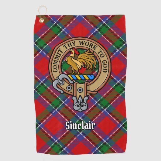 Clan Sinclair Crest boven Tartan Golfhanddoek (Voorkant)