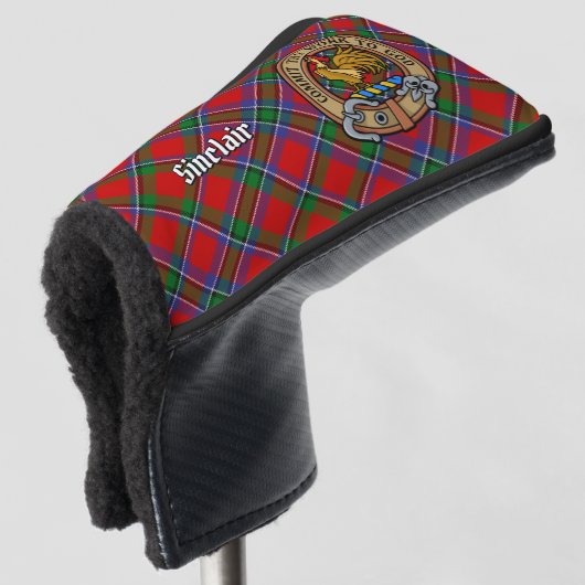 Clan Sinclair Crest boven Tartan Golfheadcover (3/4 voorkant)