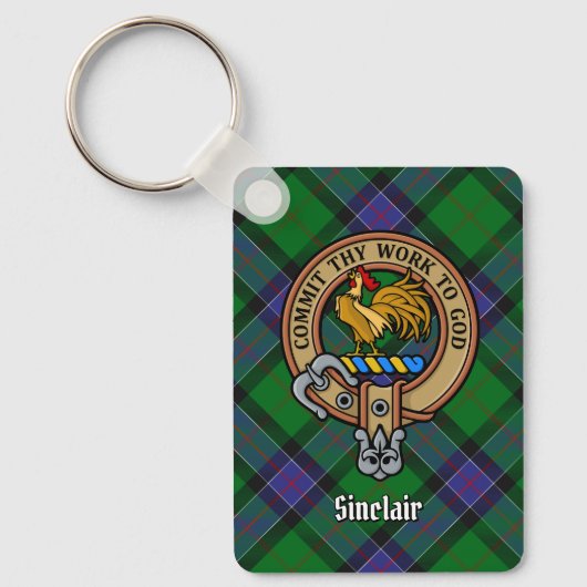 Clan Sinclair Crest over de jacht op Tartan Sleutelhanger (Voorkant)