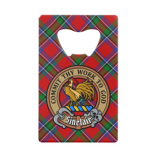 Clan Sinclair Crest over Rode Tartan Creditkaart Flessenopener (Voorkant)