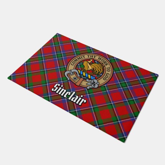 Clan Sinclair Crest over Rode Tartan Deurmat (Schuin)