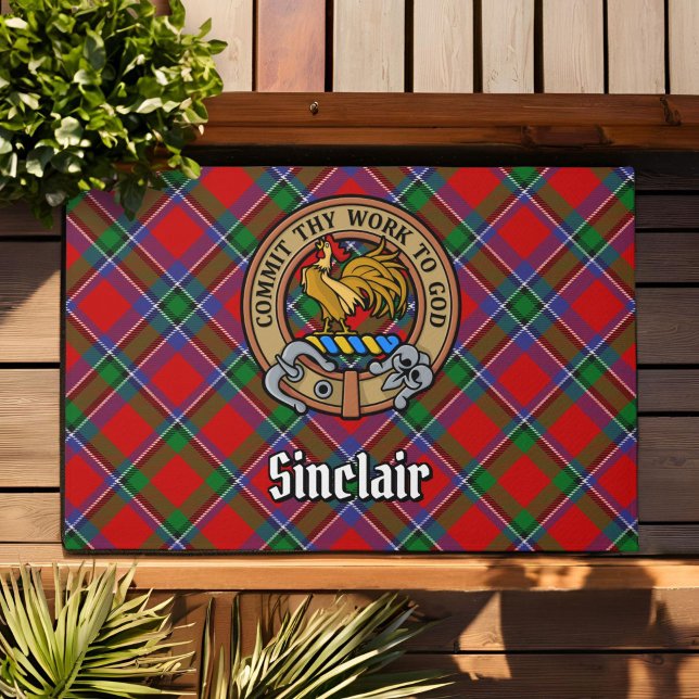 Clan Sinclair Crest over Rode Tartan Deurmat (Creator heeft geüpload)