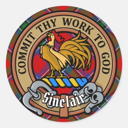 Clan Sinclair Crest over Rode Tartan Ronde Sticker (Voorkant)