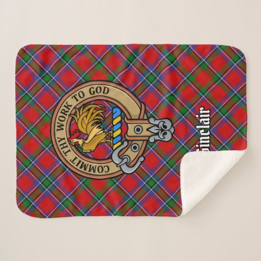 Clan Sinclair Crest over Rode Tartan Sherpa Deken (Voorkant (horizontaal))