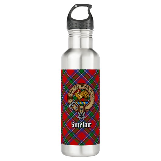 Clan Sinclair Crest over Rode Tartan Waterfles (Voorkant)