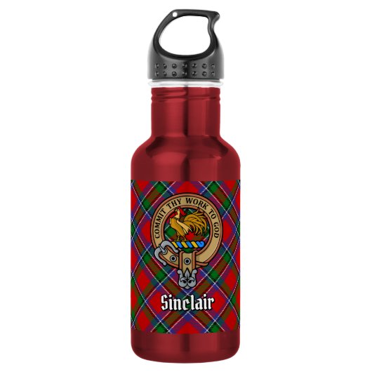 Clan Sinclair-wapen over rode tartan Waterfles (Voorkant)