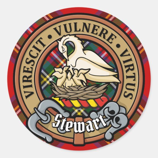 Clan Stewart Crest over Royal Tartan Ronde Sticker (Voorkant)