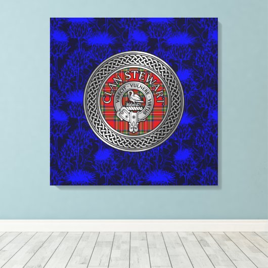 Clan Stewart Crest & Tartan Knot op Thistle Canvas Afdruk (Insitu (Houten vloer))