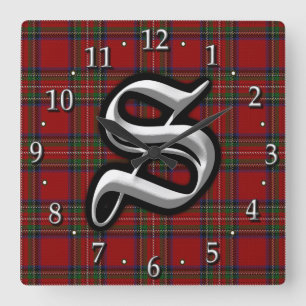 Clan Stewart Letter S Monogram Royal Red Tartan Vierkante Klok