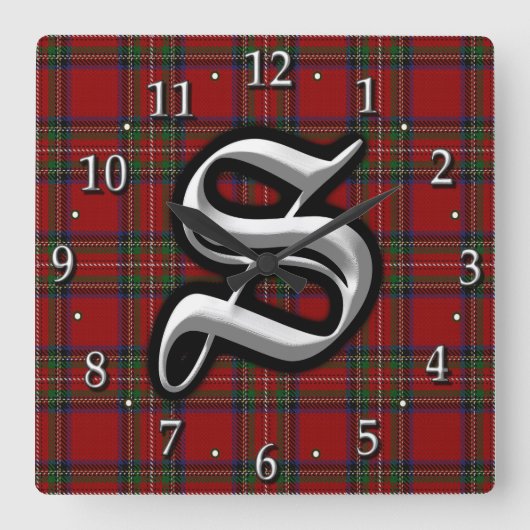 Clan Stewart Letter S Monogram Royal Red Tartan Vierkante Klok (Voorkant)