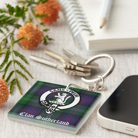 Clan Sutherland Crest Badge & Tartan Sleutelhanger (Voorkant Rechts)
