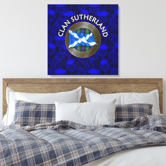 Clan Sutherland Crest & Tartan Knot op Thistle Canvas Afdruk (Insitu (Slaapkamer))