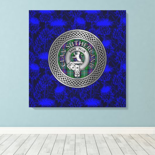 Clan Sutherland Crest & Tartan Knot op Thistle Canvas Afdruk (Insitu (Houten vloer))