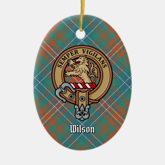 Clan Wilson Crest over het oude Tartan Keramisch Ornament (Voorkant)