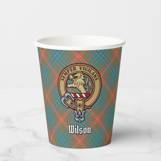 Clan Wilson Crest over het oude Tartan Papieren Bekers (Voorkant)