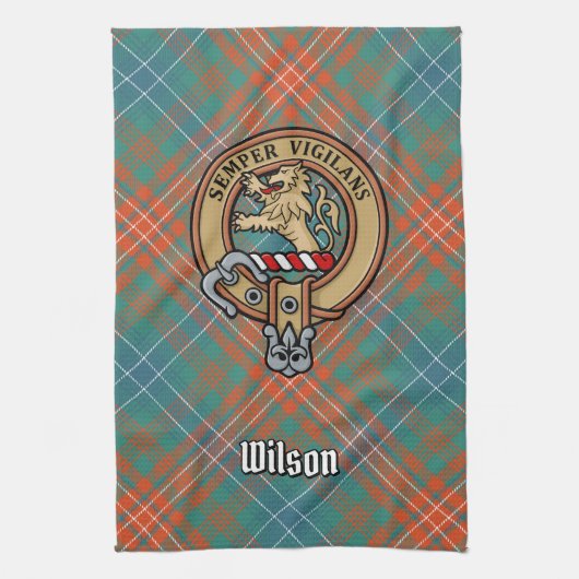 Clan Wilson Crest over het oude Tartan Theedoek (Verticaal)