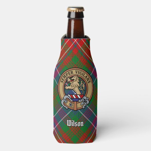 Clan Wilson Crest over Modern Tartan Flesjeskoeler (Fles Voorkant)