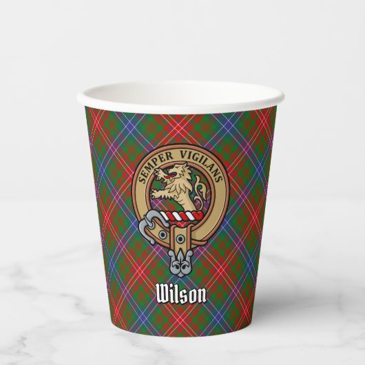 Clan Wilson Crest over Modern Tartan Papieren Bekers (Voorkant)