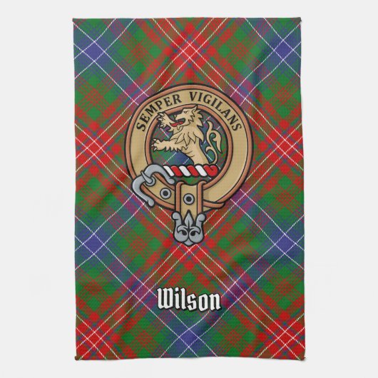Clan Wilson Crest over Modern Tartan Theedoek (Verticaal)