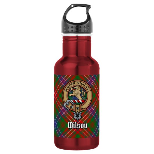 Clan Wilson Crest over moderne tartan Waterfles (Voorkant)
