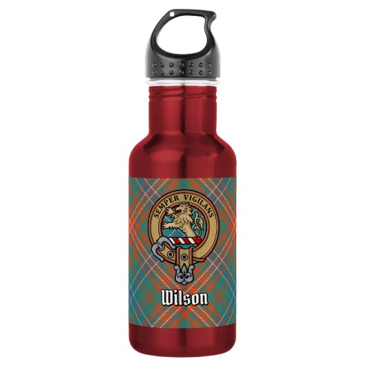 Clan Wilson Crest over Oude Tartan Waterfles (Voorkant)
